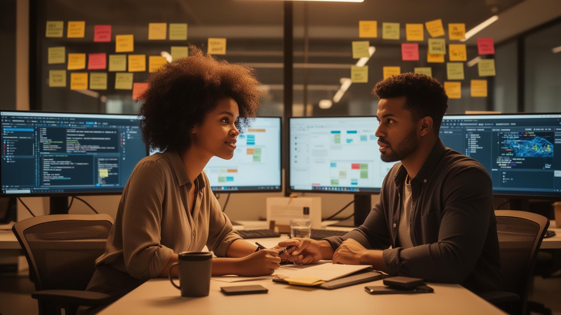Two professionals collaborating in a modern workspace